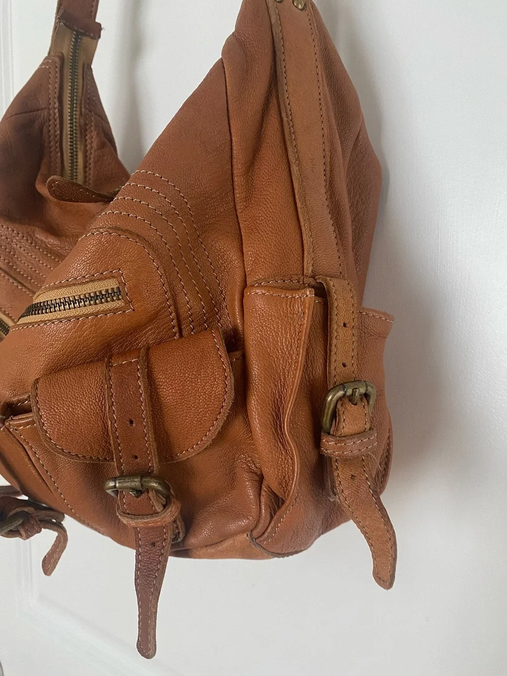 Tano Hobo Slouch Shoulder Bag Pebbled Leather In Cognac Hippie 70s Vintage Style